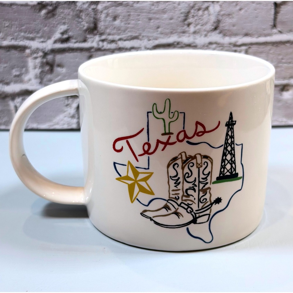 Pottery Barn Coffee Mug OS White Texas Cowboy Boots Cactus Oil Rig Lone Star